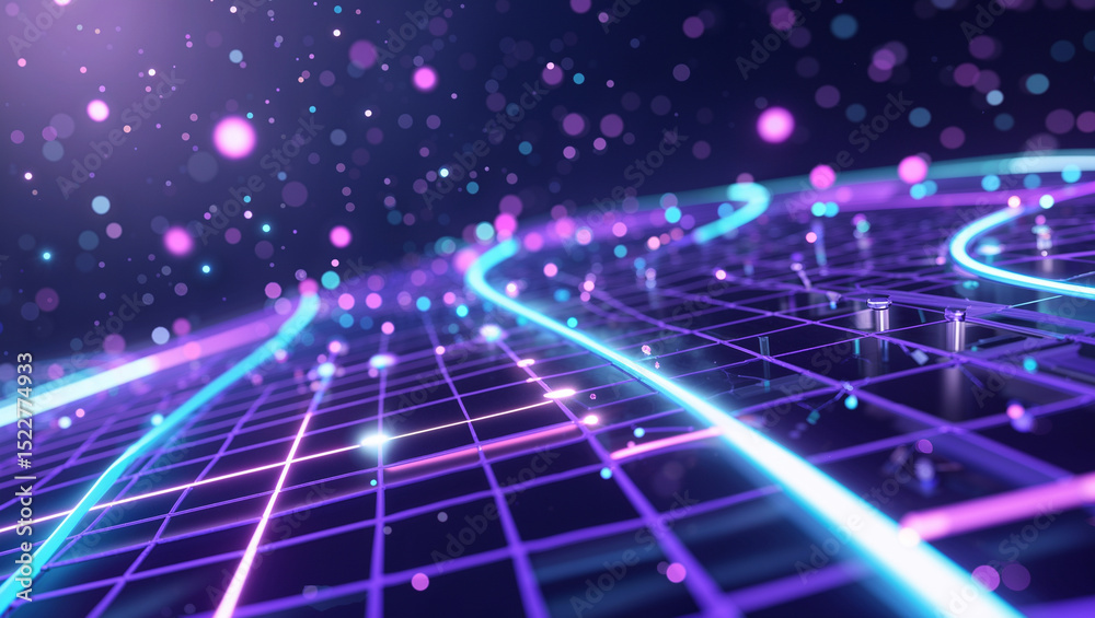 Fototapeta premium Weaving glowing curved neon lines across purple digital grid, showing particles and metallic nodes