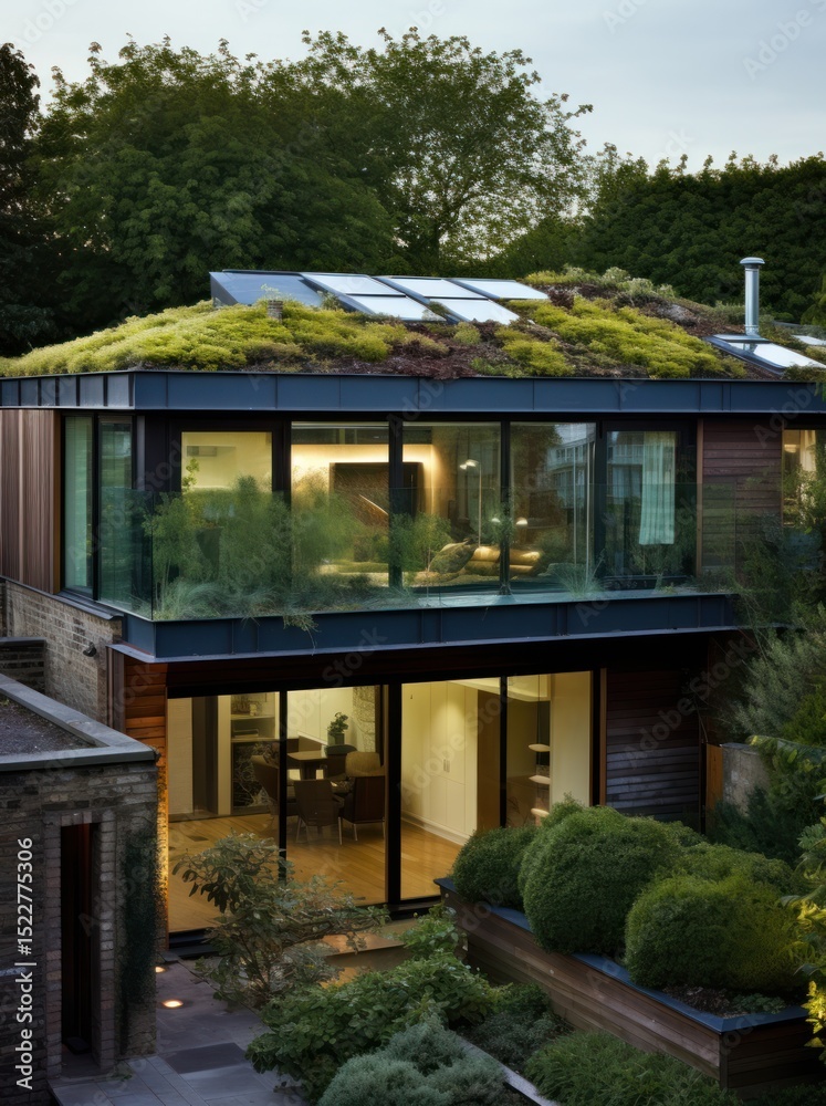 Obraz premium Modern architecture - sleek house features a black exterior and a grass-covered roof.