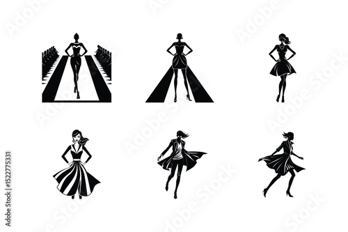 Elegant Fashion Runway Models Silhouette Illustrations