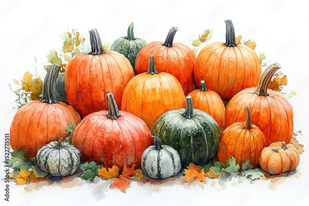 Watercolor painting of pumpkins.