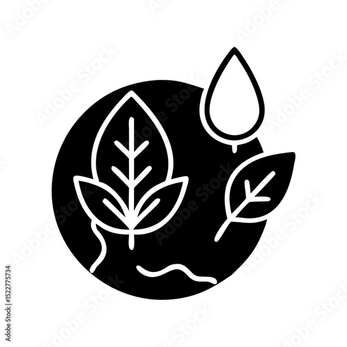 Environmental icon featuring leaves and water droplet in black  