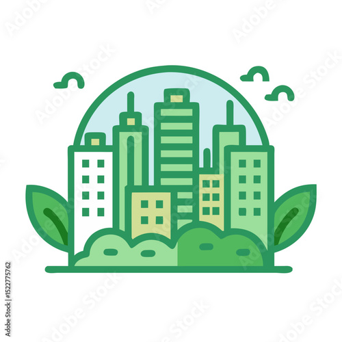 Modern green city skyline with buildings and greenery in illustration  