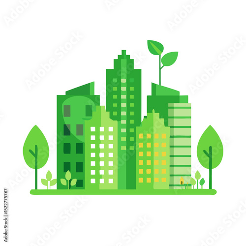 Green cityscape with modern buildings and trees in a flat design  