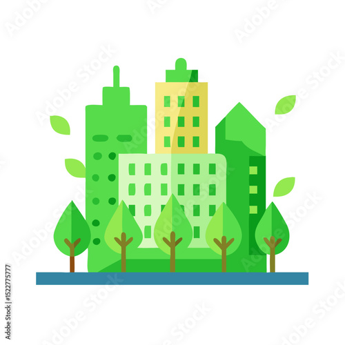 Green city illustration with skyscrapers and trees in vibrant colors  