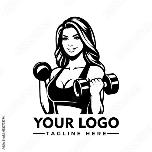 Strong fit woman lifting dumbbells in workout gear, black and white cartoon vector illustration
