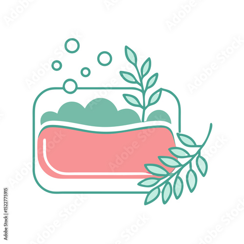 Natural soap bar with bubbles and leaves in minimalist style  