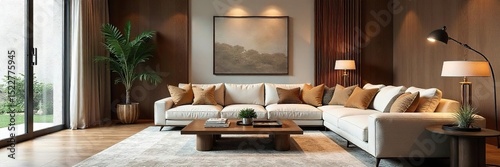 A tastefully decorated living room showcases a blend of classic and modern design elements; rich textures and elegant lines create a sophisticated ambiance , ambiance, house