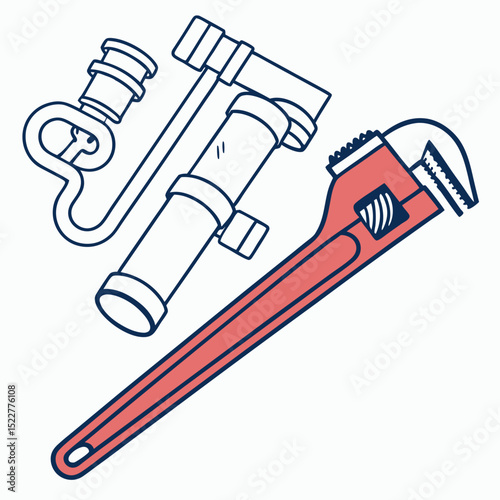 Plumbing tools including a wrench and pipe fitting illustration  