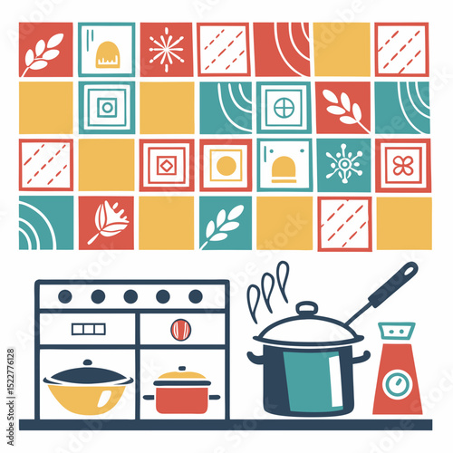 Colorful kitchen scene with pots and vibrant patterned tiles  