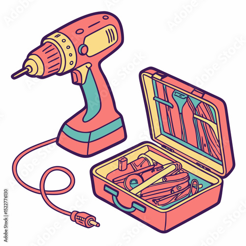 Electric drill with tool kit in colorful design for DIY projects  