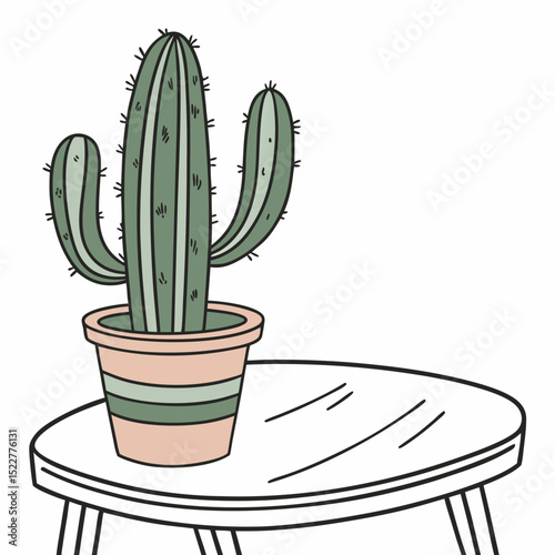 Cactus plant in decorative pot on a round wooden table  
