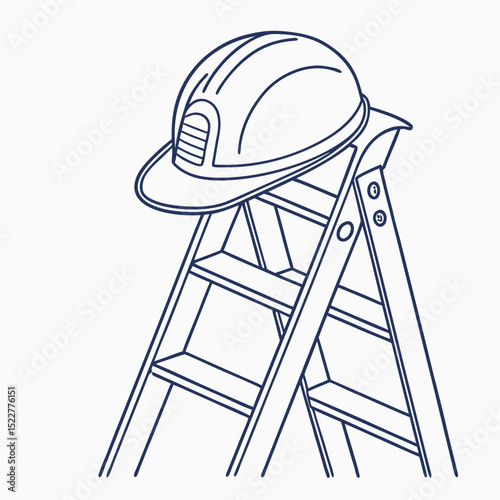 Construction helmet resting on a ladder in minimalist line art  