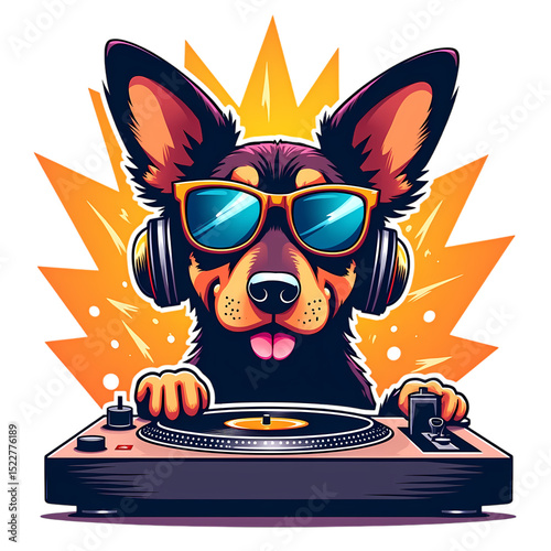Cool Dog DJ with Sunglasses and Headphones Spinning Records on a Turntable with a Background cartoon