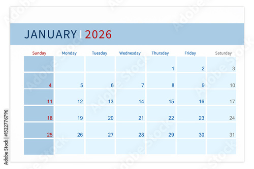 Blank calendar page for January 2026 year isolated on white background.