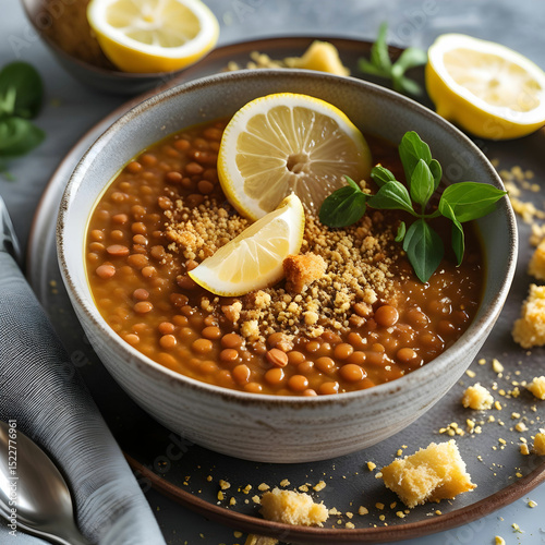 Hearty Red Lentil Soup with Lemon and Herb Garnish