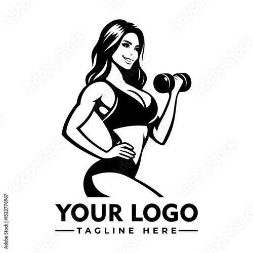 Strong fit woman lifting dumbbells in workout gear, black and white cartoon vector illustration
