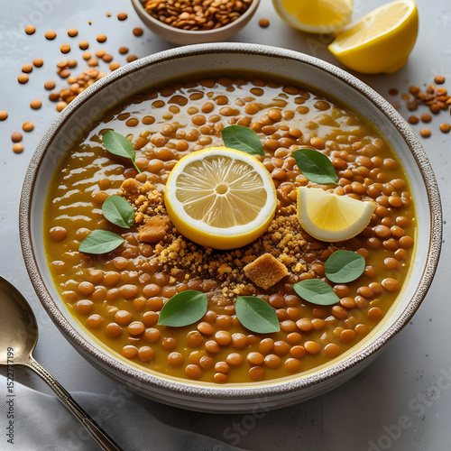Hearty Red Lentil Soup with Lemon and Herb Garnish