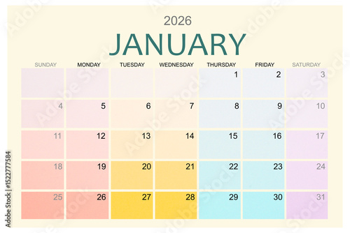 January 2026 Colorful calendar page isolated on white background.