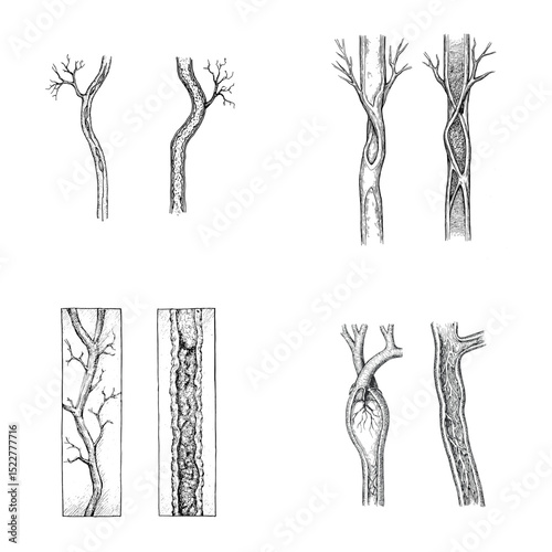 Hand-drawn vintage medical illustrations of arteries and blood vessels, showing various structures and blockages in detailed black and white anatomical sketch style.

