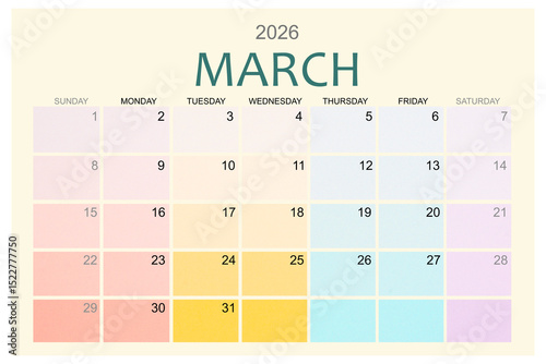 March 2026 Colorful calendar page isolated on white background.