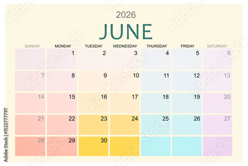 June 2026 Colorful calendar page isolated on white background.