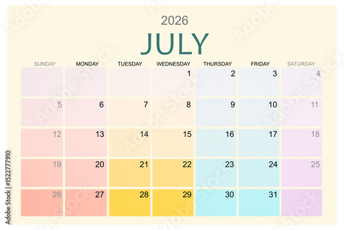 July 2026 Colorful calendar page isolated on white background.