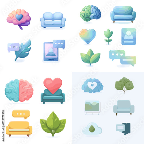 Flat vector set of icons representing mental health, mindfulness, emotional balance, brain function, therapy, support, and self-care in soft pastel design.

