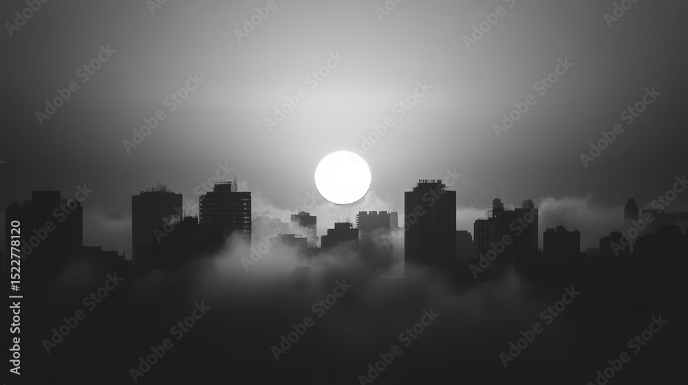 Naklejka premium Dramatic black and white skyline with minimalist building outlines and a setting sun, capturing a sleek urban silhouette and bold contrast in a modern cityscape.