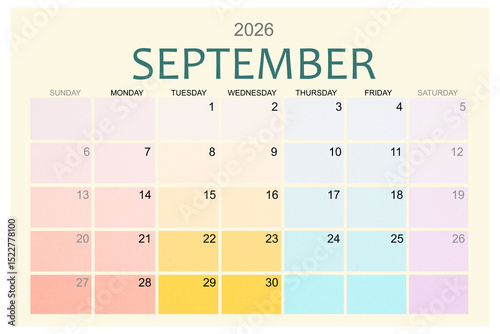 September 2026 Colorful calendar page isolated on white background.
