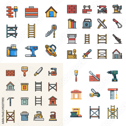 Vector illustration of construction tools including drills, saws, paintbrushes, bricks, ladders, hammers, toolboxes, and scaffolding in flat and outline styles.

