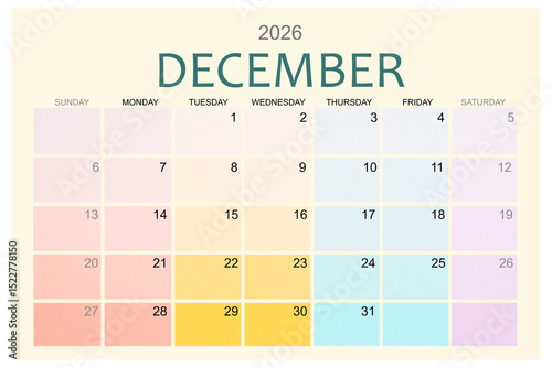 December 2026 Colorful calendar page isolated on white background.