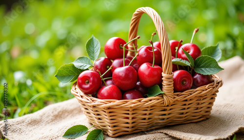 Fresh red cherries in woven basket on grass during summer  