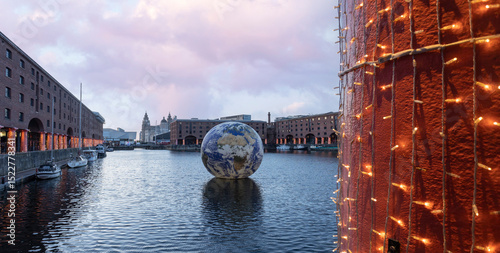 Liverpool, united kingdom May, 16, 2023  Floating earth in Albert Dock for Eurovision 2023