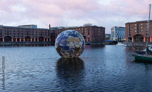 Liverpool, united kingdom May, 16, 2023  Floating earth in Albert Dock for Eurovision 2023