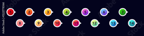 A set of fourteen colorful numbered bullet points designed for lists and presentations.