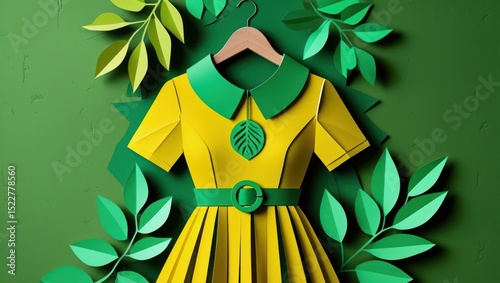 Yellow dress, paper cut-out style, surrounded by green leaves