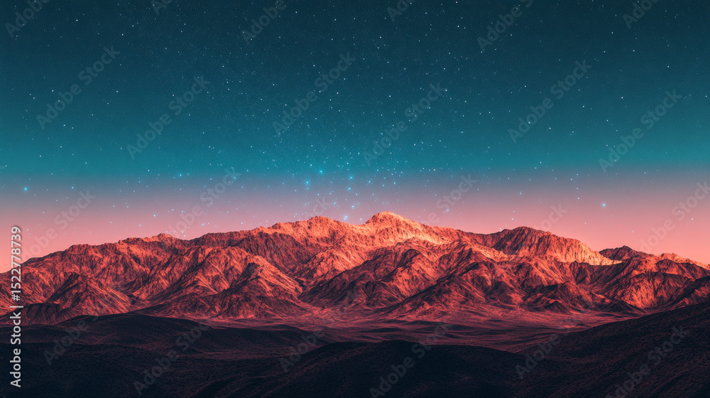 Obraz premium A deep brown mountain range under a starry blue sky, with minimalist star elements or a glowing moon. 