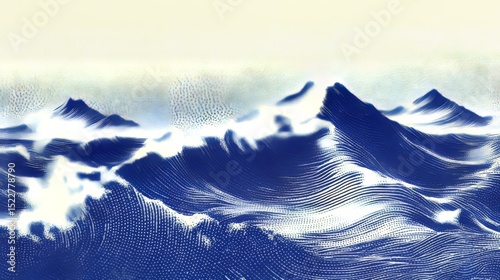 Stylized wave illustration with halftone dots and fading background, abstract marine concept combining ocean movement, graphic art, and retro pop aesthetics with a modern minimalist visual approach