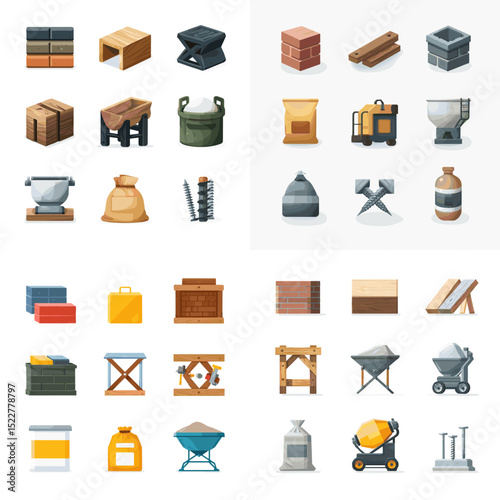 Vector icon set of construction materials including bricks, cement, wood planks, metal beams, sandbags, mixers, and scaffolding equipment in flat design.

