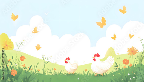 Wallpaper Mural Birds including a white chicken and rooster on grass with a sky background Torontodigital.ca