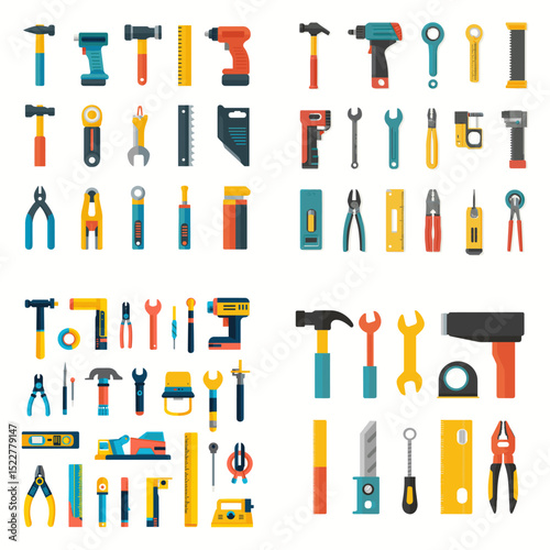 Comprehensive vector set of hand tools and power tools including hammers, drills, pliers, screwdrivers, and wrenches. Ideal for construction, DIY, and workshop visuals.

