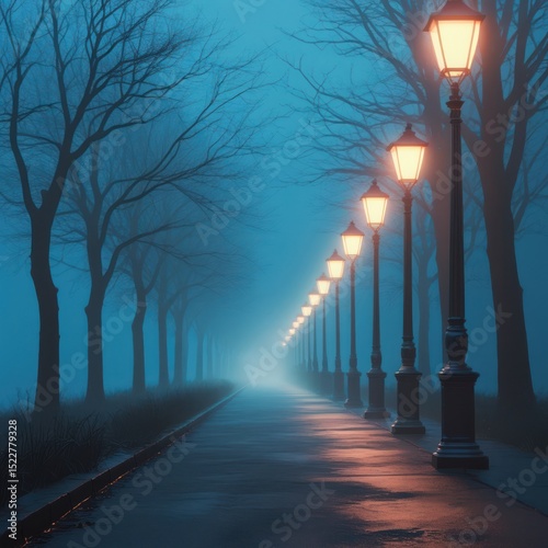 Foggy path lined with lampposts at dusk
