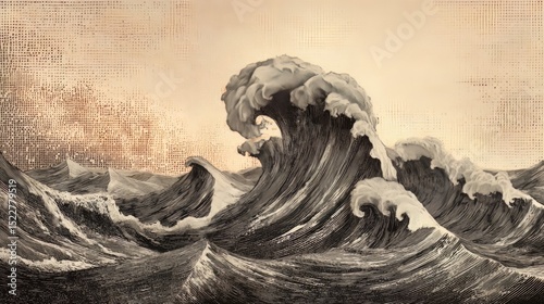 Stylized wave illustration with halftone dots and fading background, abstract marine concept combining ocean movement, graphic art, and retro pop aesthetics with a modern minimalist visual approach