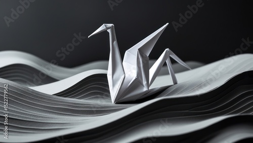 Elegant origami crane on a dark grey, wavy surface