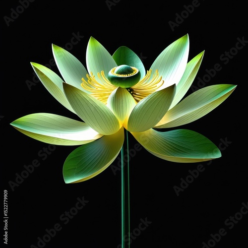 Detailed close-up of a pale green and yellow lotus flower