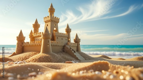 A majestic sand castle stands on a warm beach under the bright sun. Thin turrets sparkle against the blue sky and soft waves. An image of summer vacation and seaside atmosphere.