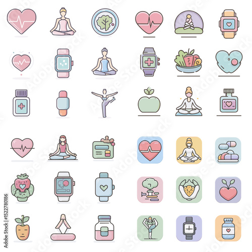Flat icon set of wellness and fitness activities including yoga poses, smartwatches, heart health, nutrition, and fitness tracking. Great for health apps and lifestyle visuals.

