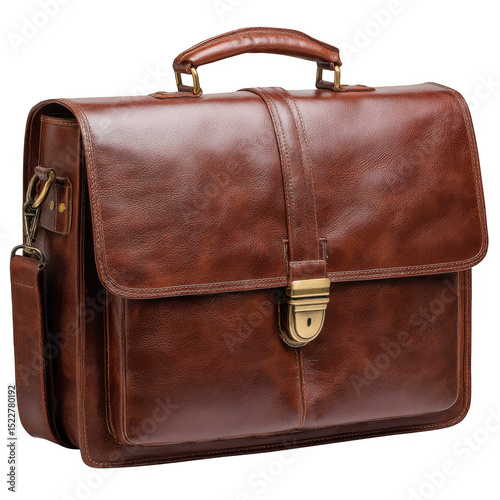 Brown leather briefcase isolated on transparent background