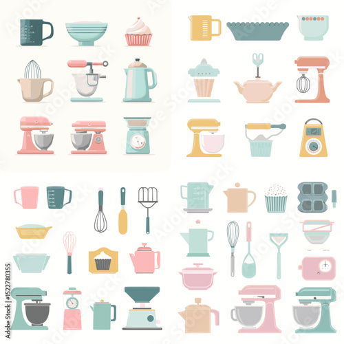 Flat pastel kitchen tools and appliances icon set, including mixers, blenders, pots, scales, and measuring cups. Ideal for baking, cooking tutorials, and kitchen designs.

