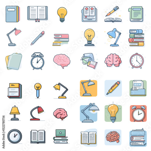 Flat vector collection of education tools including books, brains, lamps, clocks, and pencils, ideal for e-learning platforms, school materials, and study apps.


